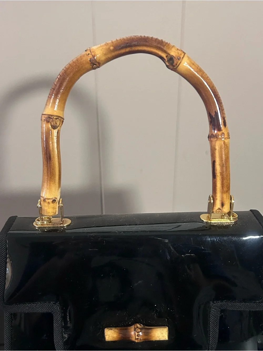 Black Patent Top-Handle Bag with Bamboo Accent